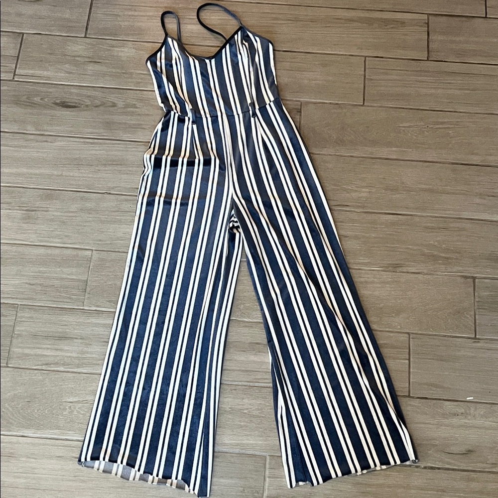 Forever 21 Navy and White Striped Jumpsuit